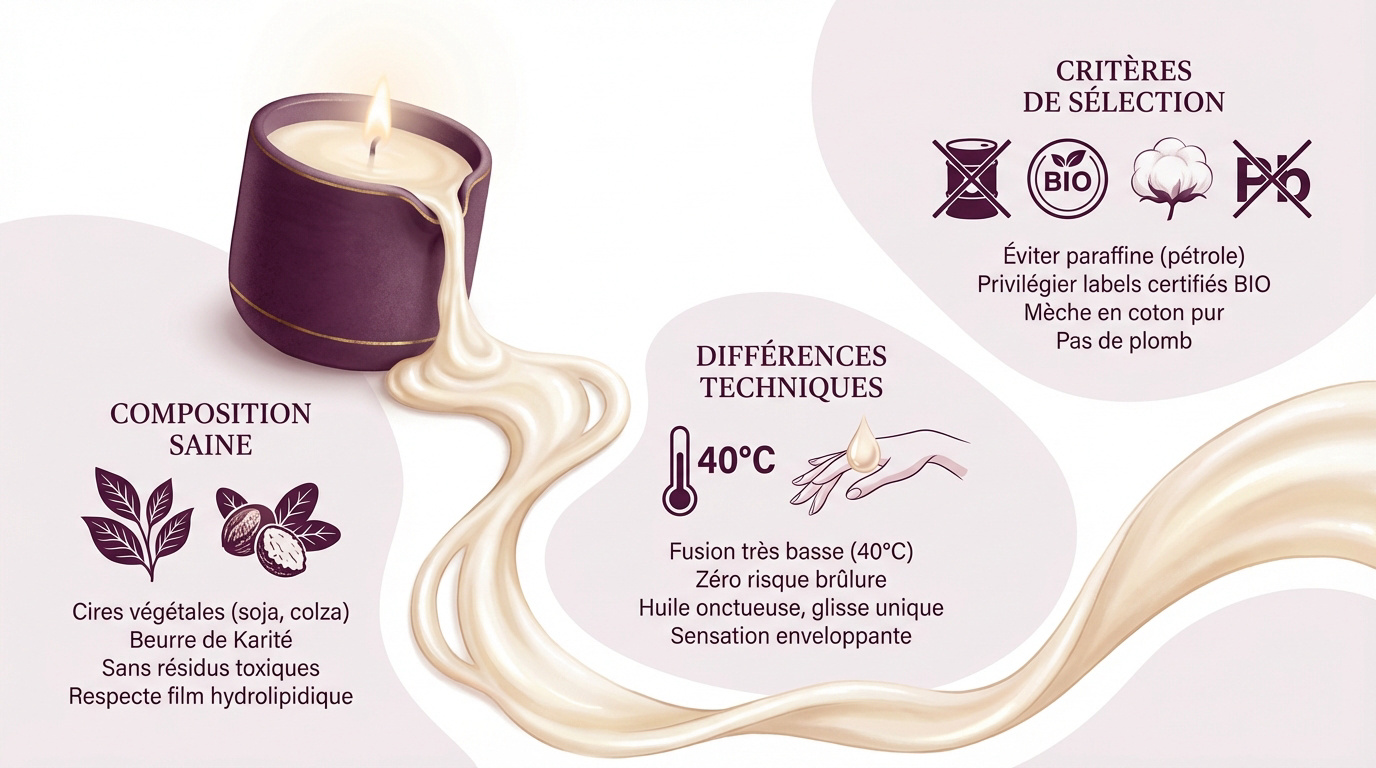 Composition naturelle d'une bougie de massage à base de cire végétale et beurre de karité