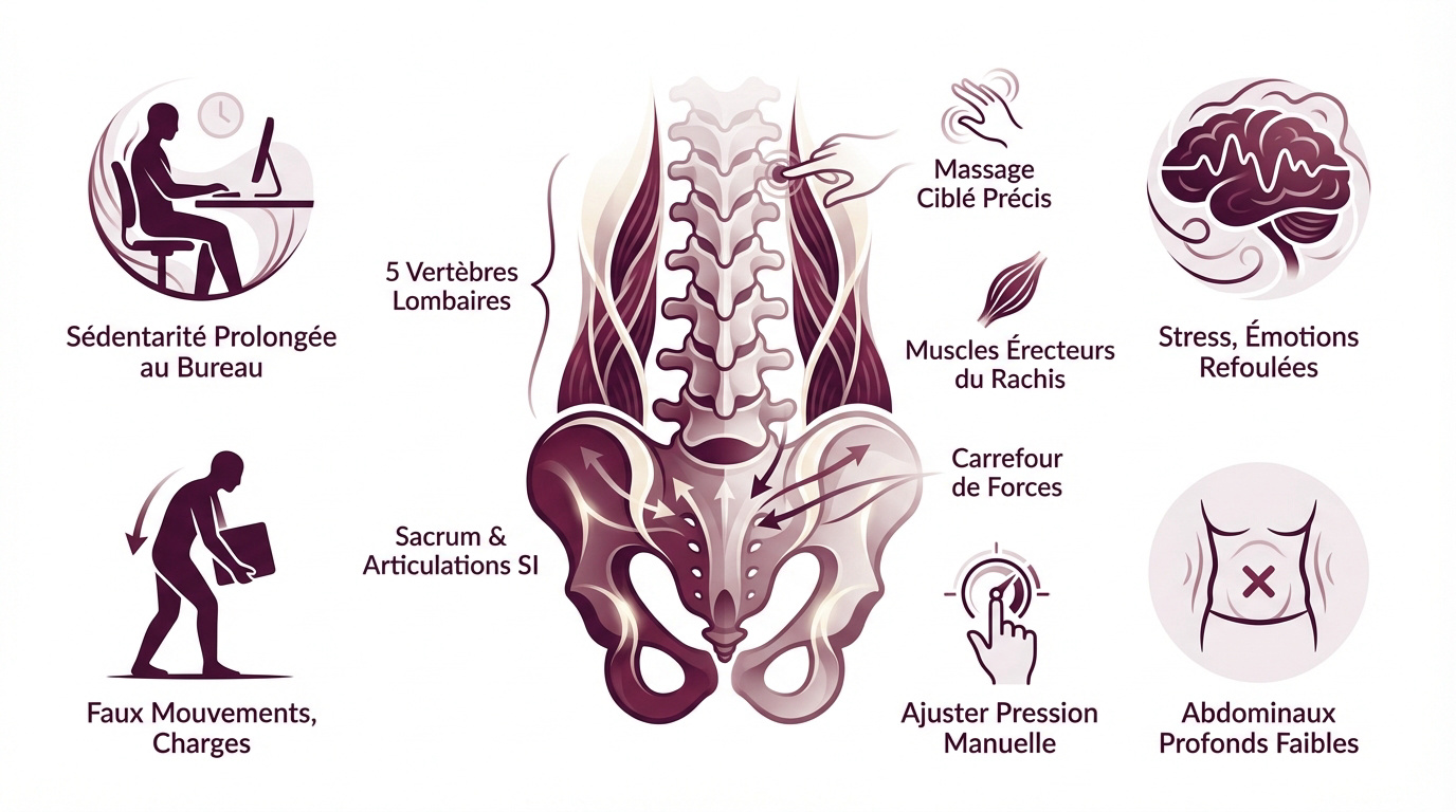 Schéma anatomique des vertèbres lombaires et du sacrum pour le massage