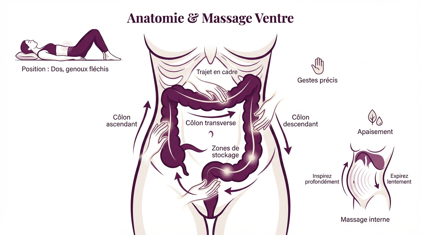 Schéma anatomique du gros intestin pour le massage abdominal