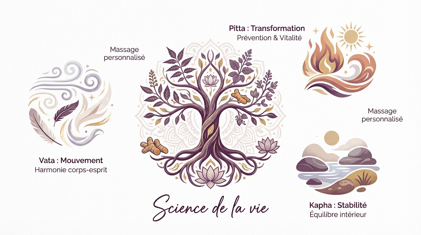 Représentation symbolique de l'équilibre des doshas en Ayurveda