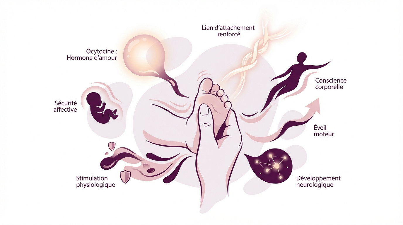 Parent massant doucement les jambes de son bébé pour renforcer le lien d'attachement