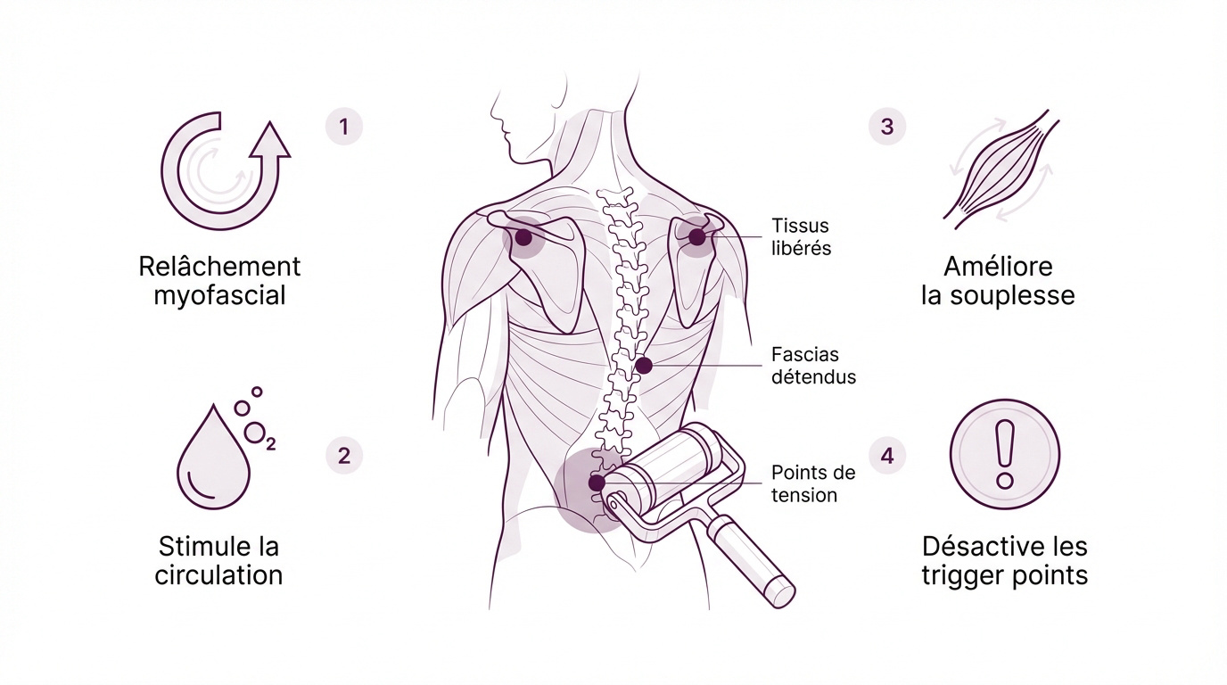 Personne utilisant un rouleau de massage pour soulager les tensions du dos et favoriser le relâchement myofascial