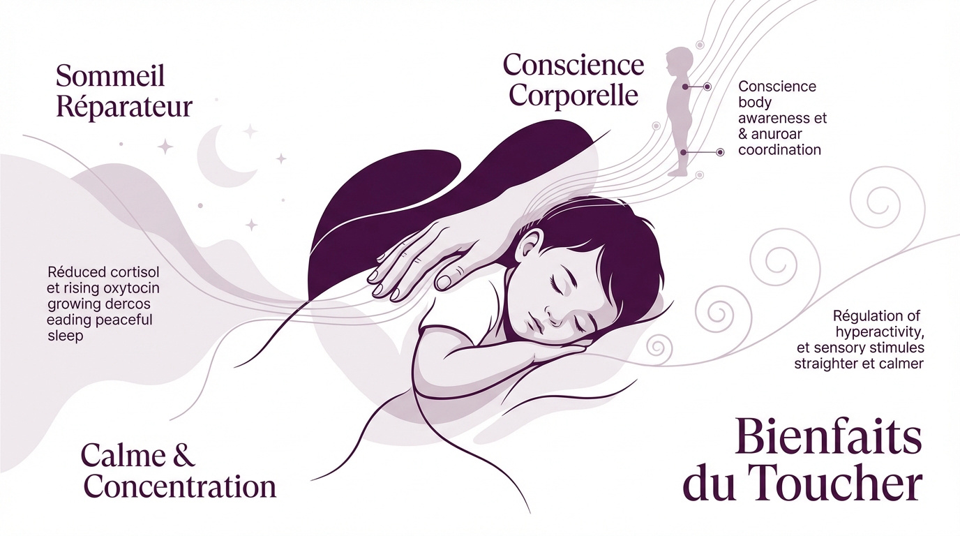 Enfant apaisé recevant un massage pour favoriser le sommeil et la conscience corporelle