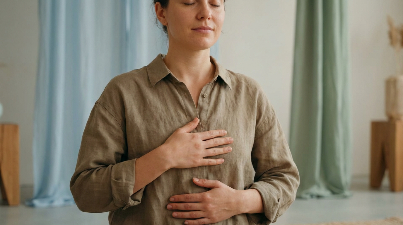 Femme sereine les yeux fermés, mains sur la poitrine et l'abdomen (plexus solaire), méditant pour soulager le stress et les tensions.