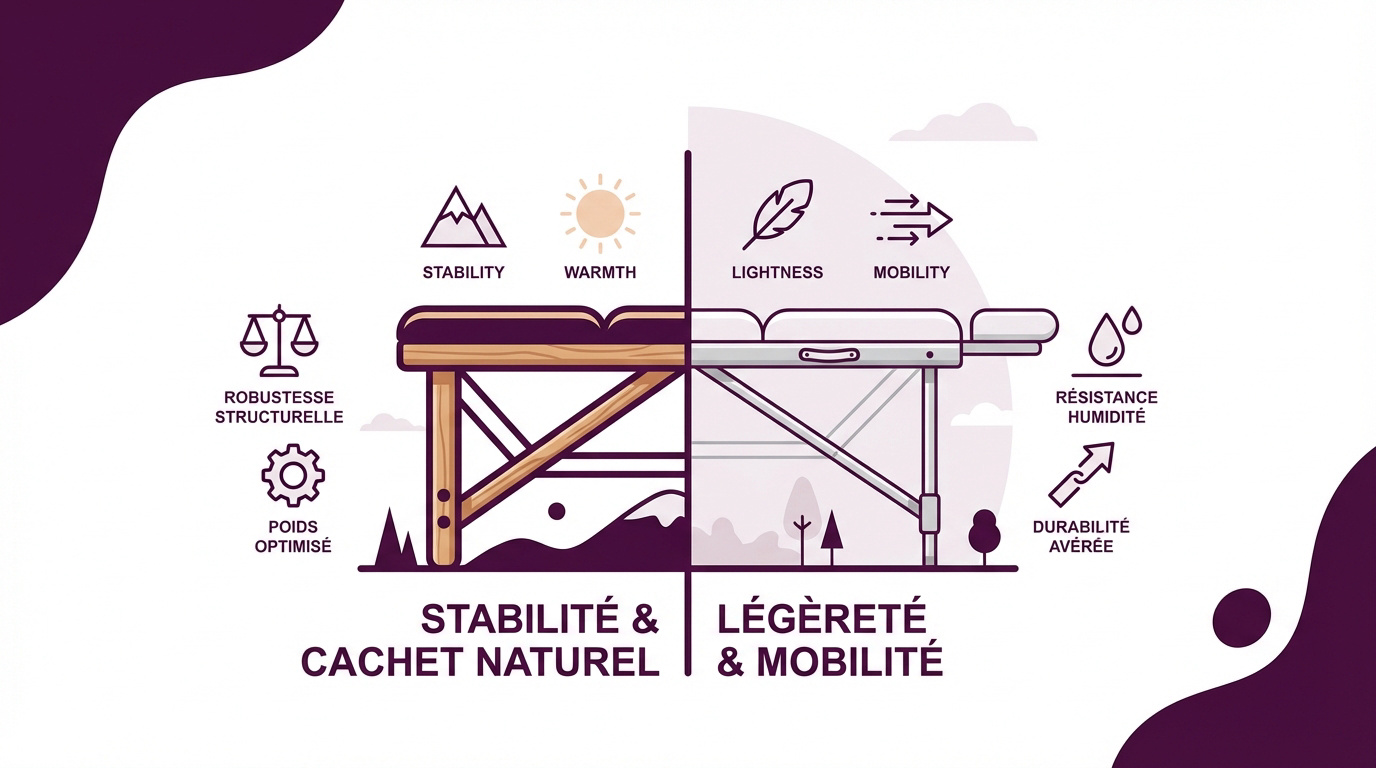 Comparaison visuelle entre une table de massage en bois massif et une table de massage légère en aluminium