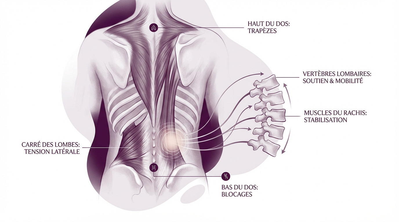 Anatomie des tensions musculaires et lombaires du dos humain montrant le flanc gauche