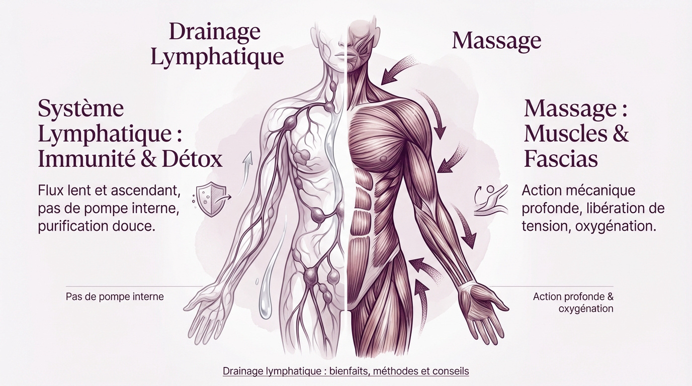 Comparaison visuelle entre les manœuvres de drainage lymphatique et de massage musculaire classique