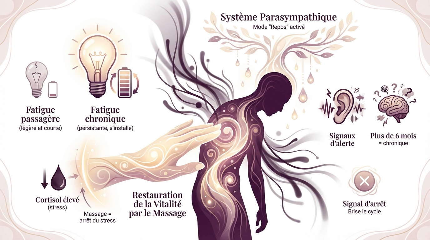 Femme apaisée recevant un massage pour soulager sa fatigue chronique