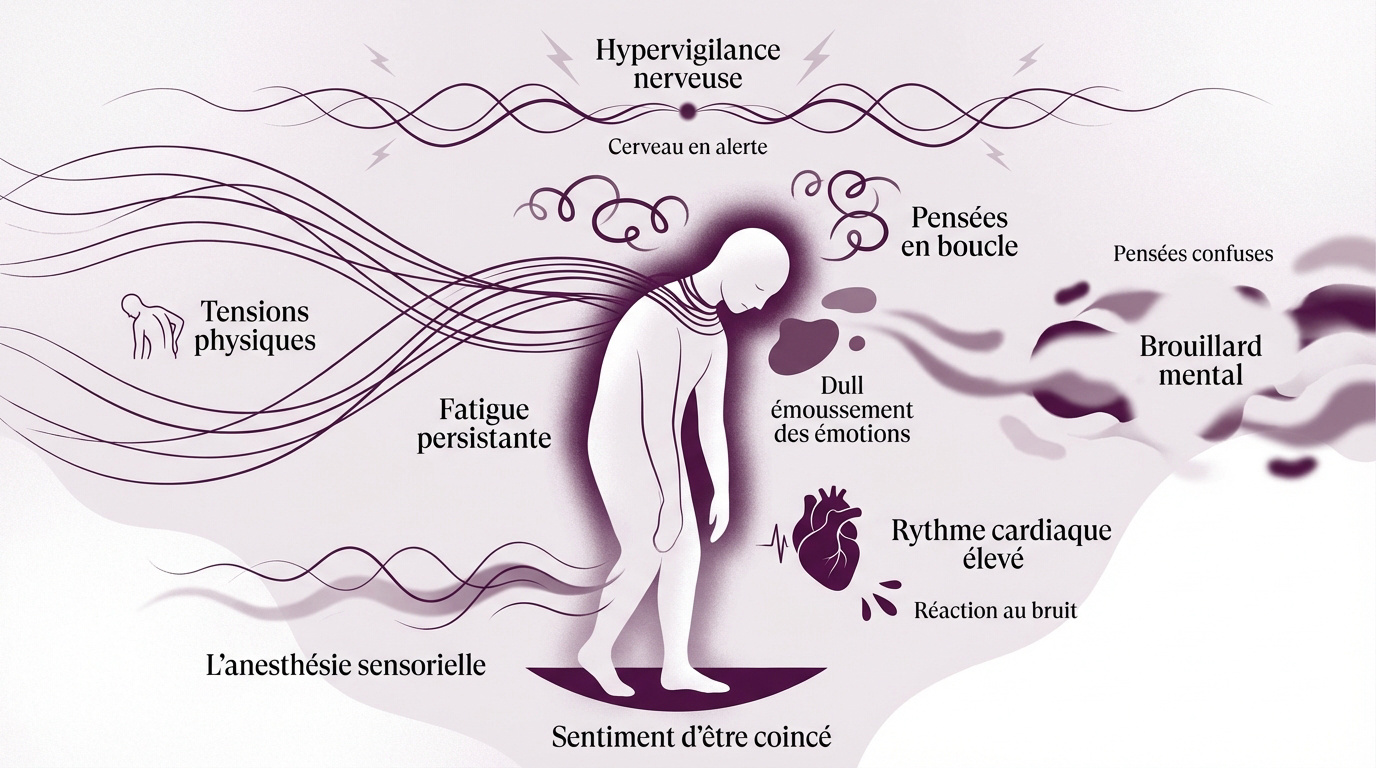 Illustration des symptômes physiques et émotionnels du burn out professionnel