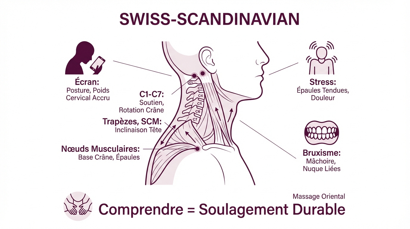 Infographie détaillant l'anatomie cervicale et les causes des tensions musculaires