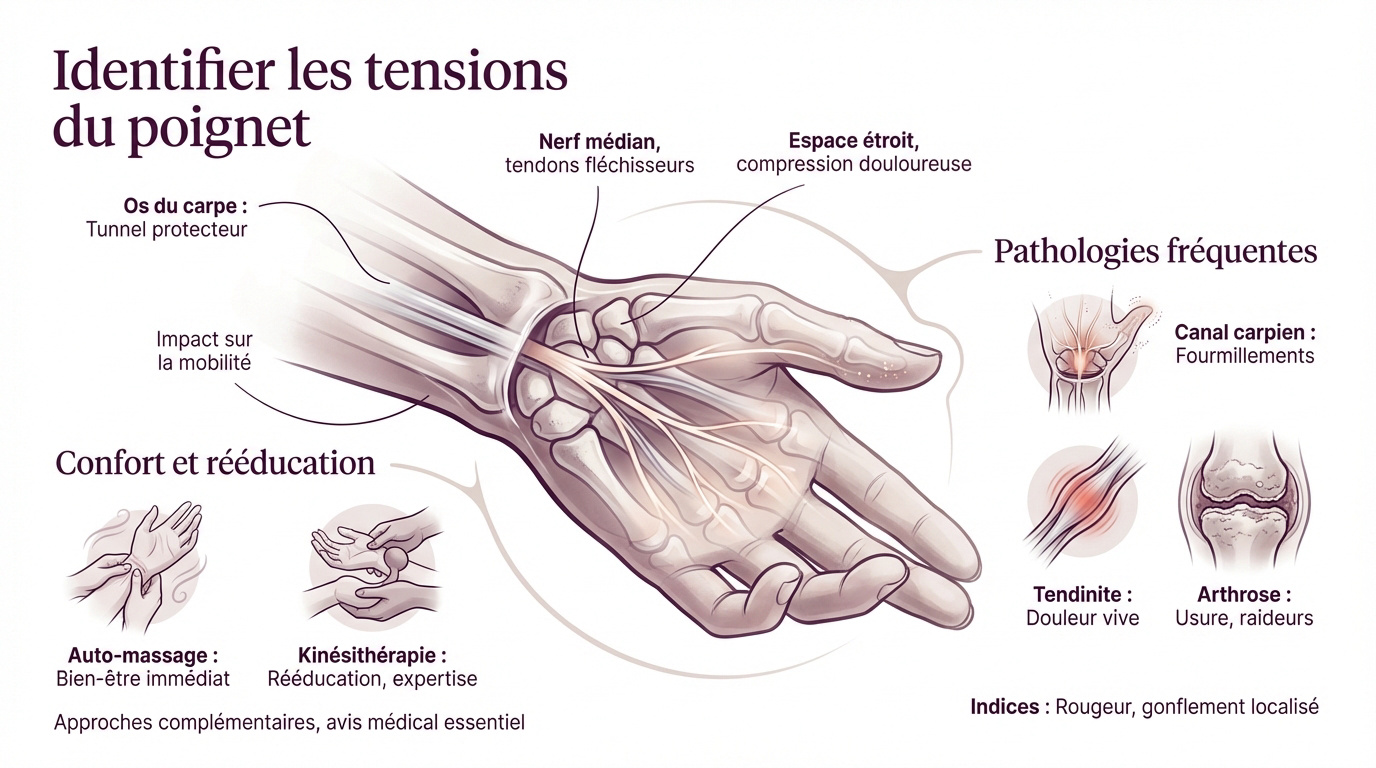 Infographie sur les pathologies et tensions du poignet