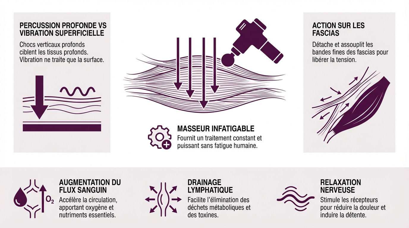 Infographie expliquant les principes de la thérapie par percussion pour la récupération musculaire