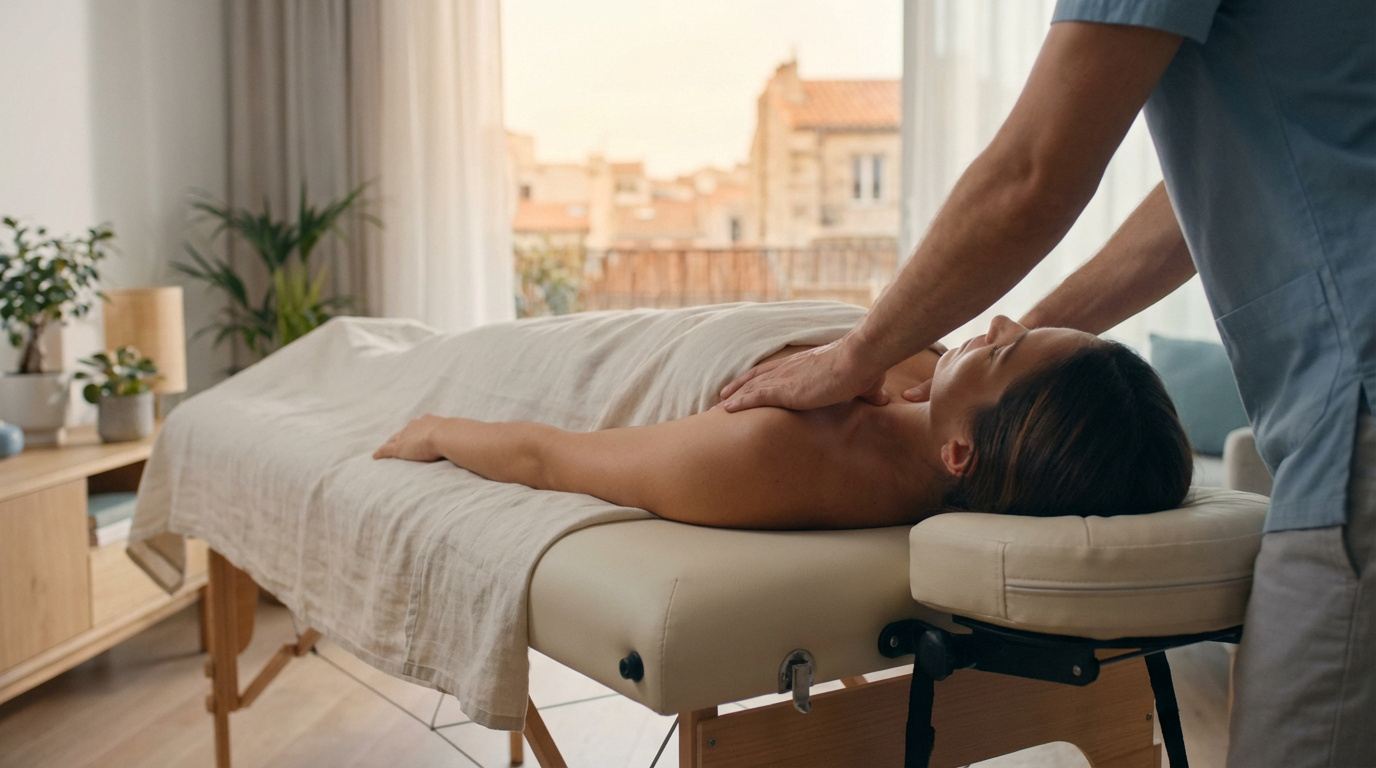 Femme recevant un massage relaxant des épaules par un praticien à domicile, dans une pièce lumineuse avec vue sur la ville.