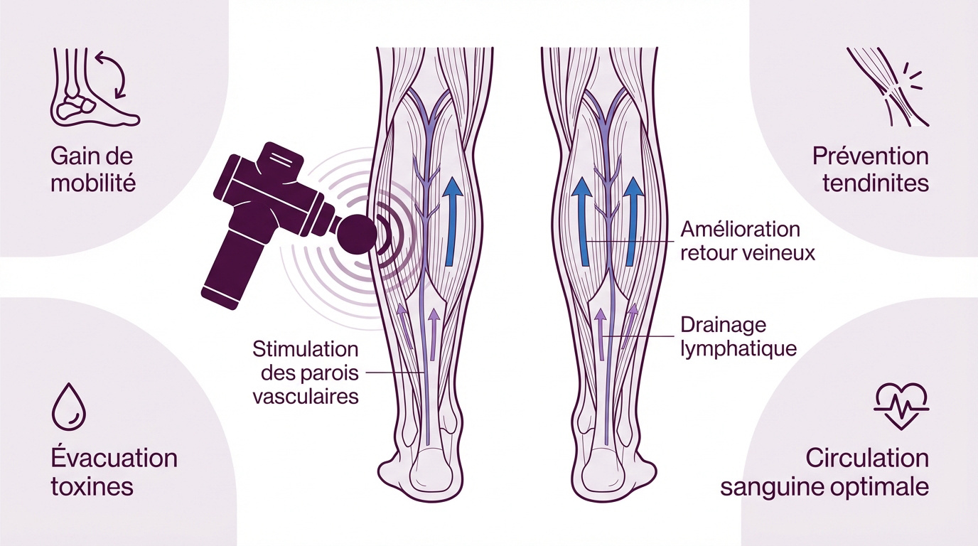 Massage des mollets avec un pistolet de massage pour améliorer la circulation sanguine