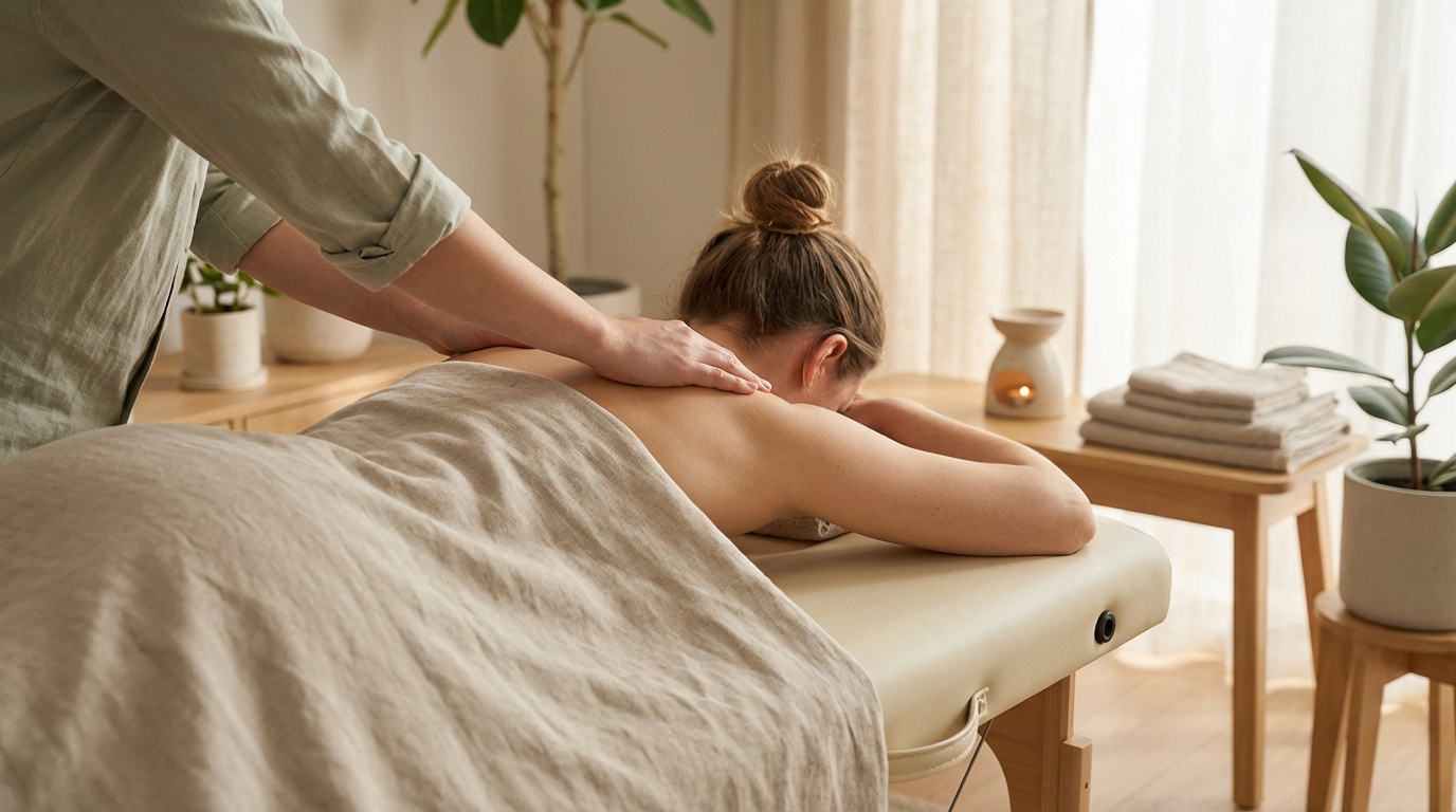Masseuse massant le dos d'une cliente sur une table de massage. Ambiance relaxante avec diffuseur d'arômes, serviettes et plantes.