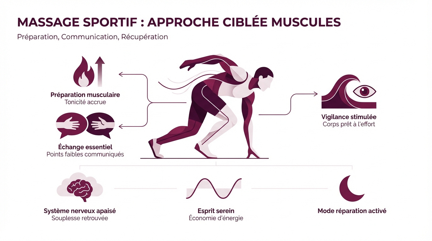 Séance de massage sportif axée sur la préparation musculaire et la communication