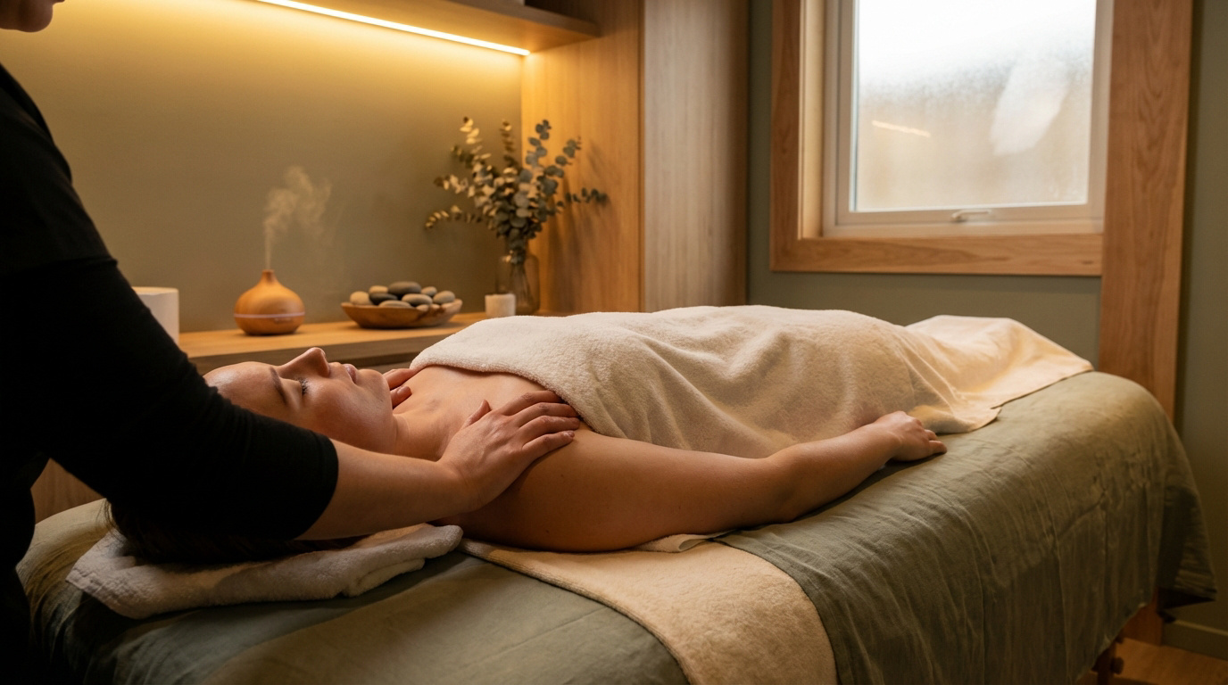 Femme recevant un massage du cou et des épaules dans un spa. Diffuseur d'huiles essentielles et lumière douce créent une ambiance apaisante.