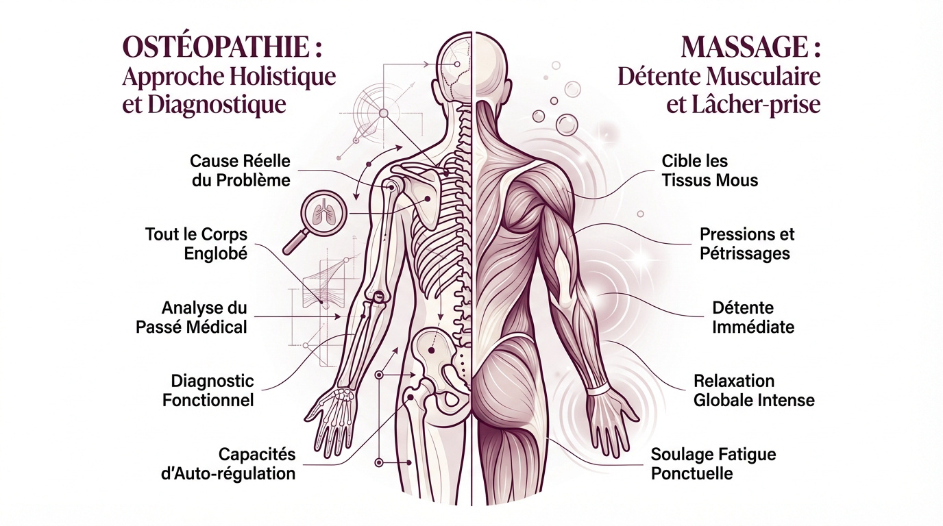 Comparaison visuelle entre une séance d'ostéopathie et un massage de relaxation