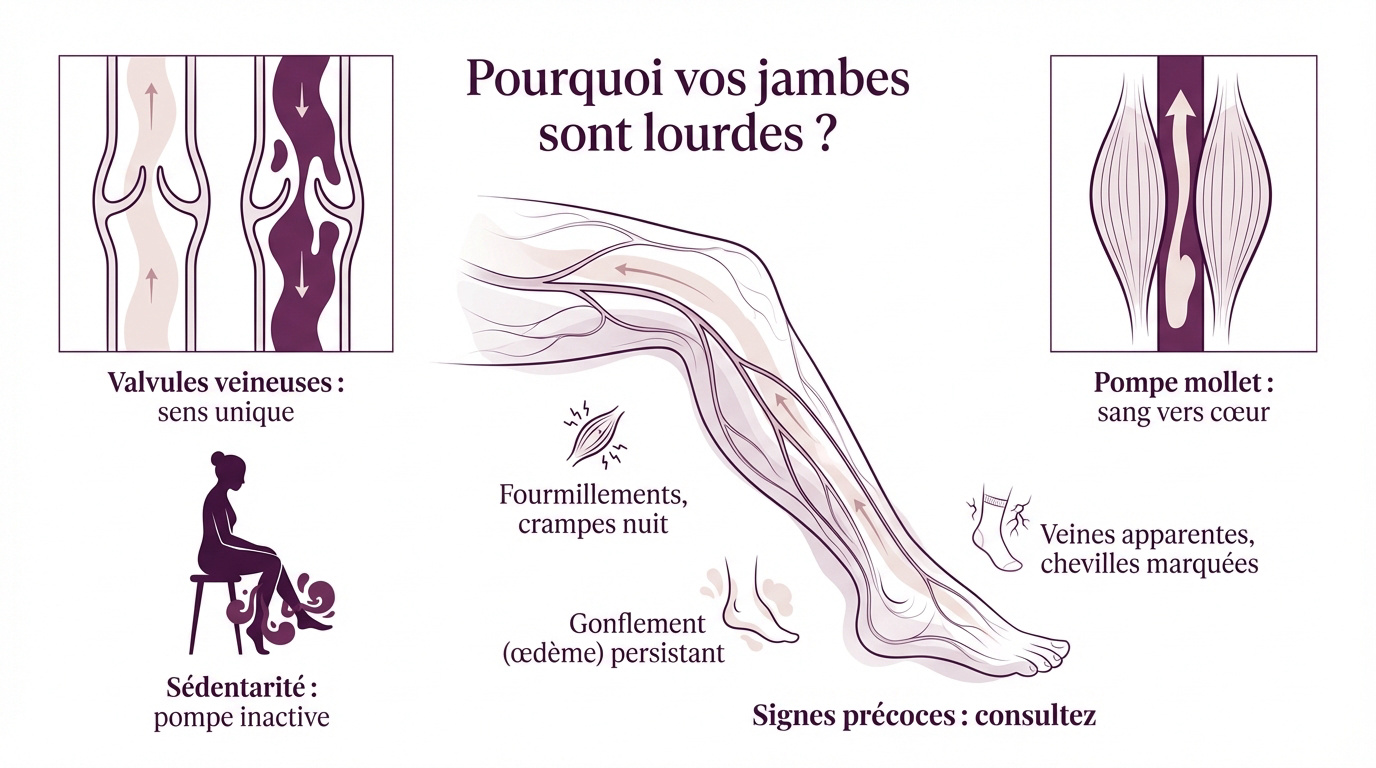 Illustration pédagogique expliquant les causes de la sensation de jambes lourdes et du retour veineux