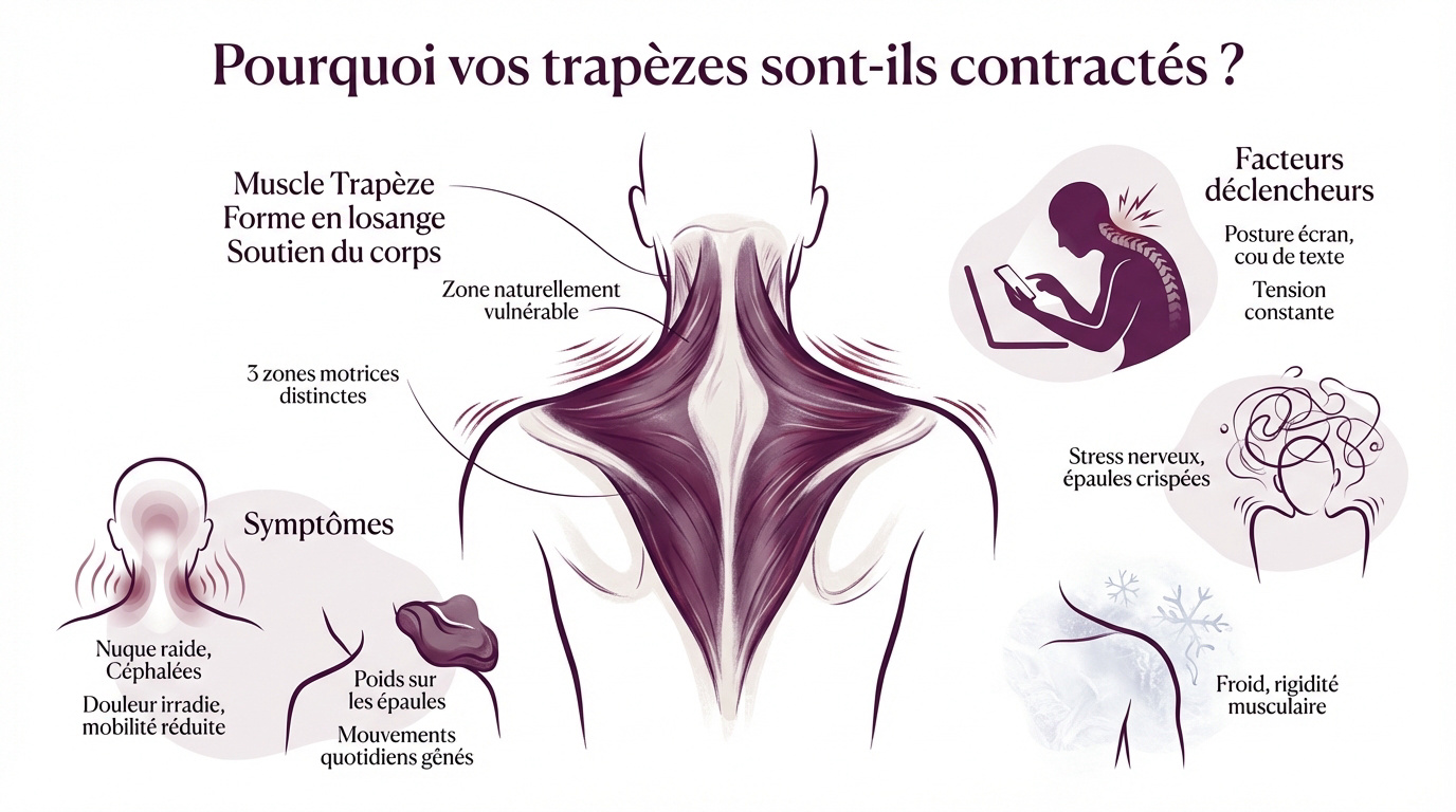 Illustration des tensions musculaires au niveau des trapèzes et de la nuque