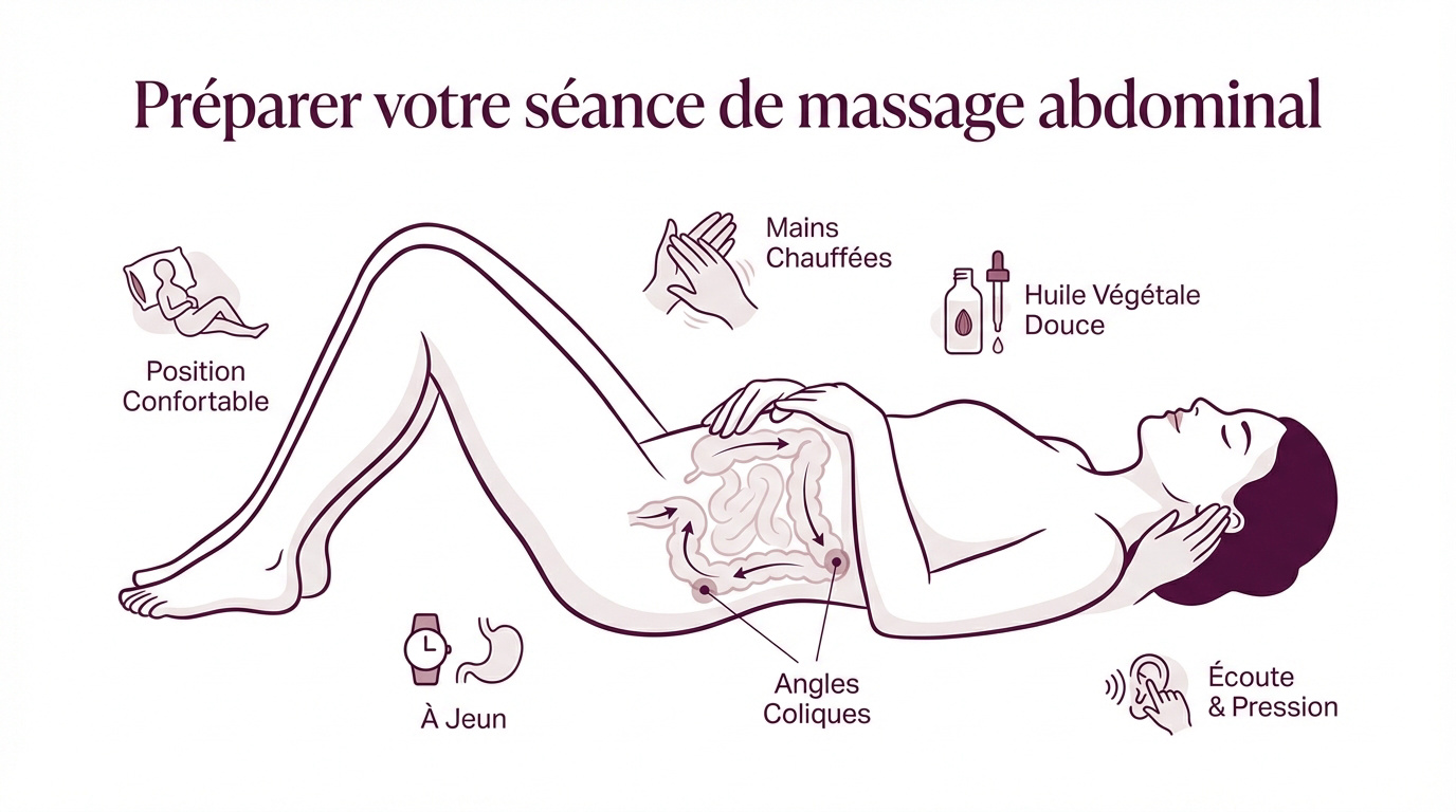 Préparation d'une séance de massage abdominal pour soulager les ballonnements