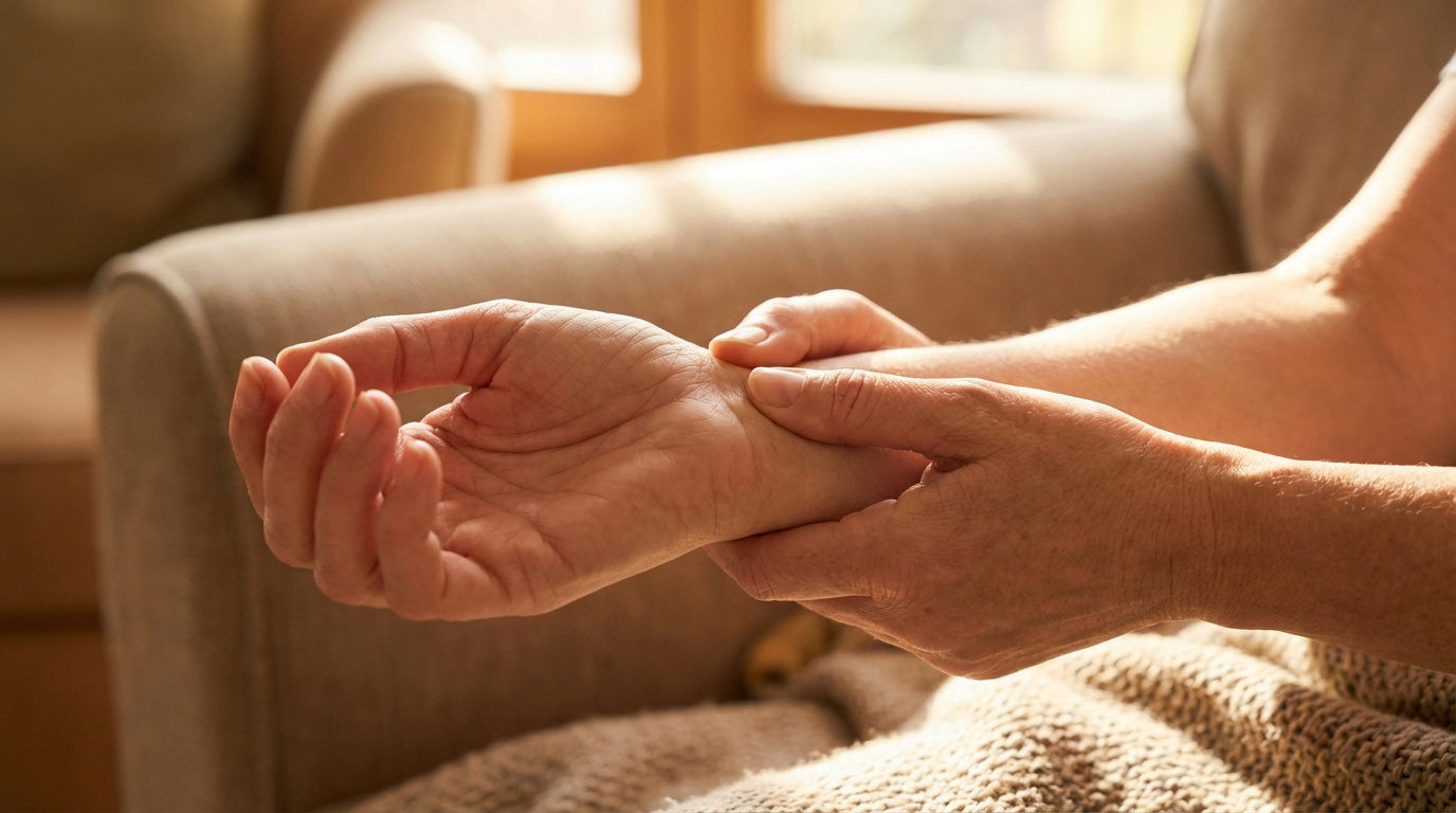 Gros plan sur une personne massant doucement son poignet, cherchant à apaiser la douleur. Lumière naturelle sur les mains.