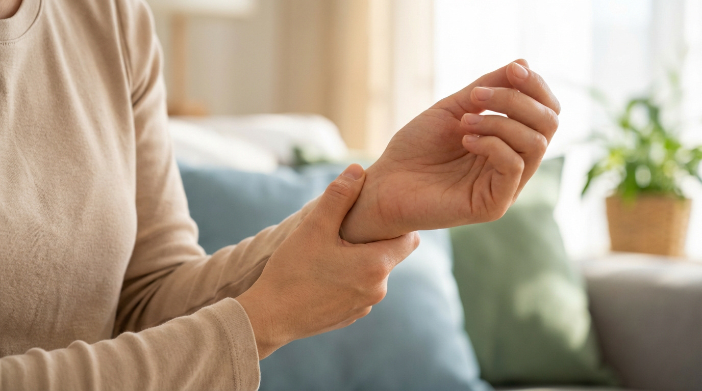 Une personne en pull beige masse son poignet douloureux, peut-être pour soulager le syndrome du canal carpien, dans un salon lumineux.