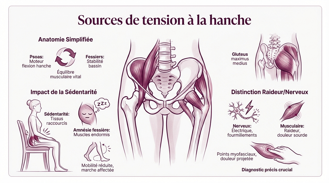 Schéma anatomique des muscles psoas et fessiers pour soulager les tensions de la hanche
