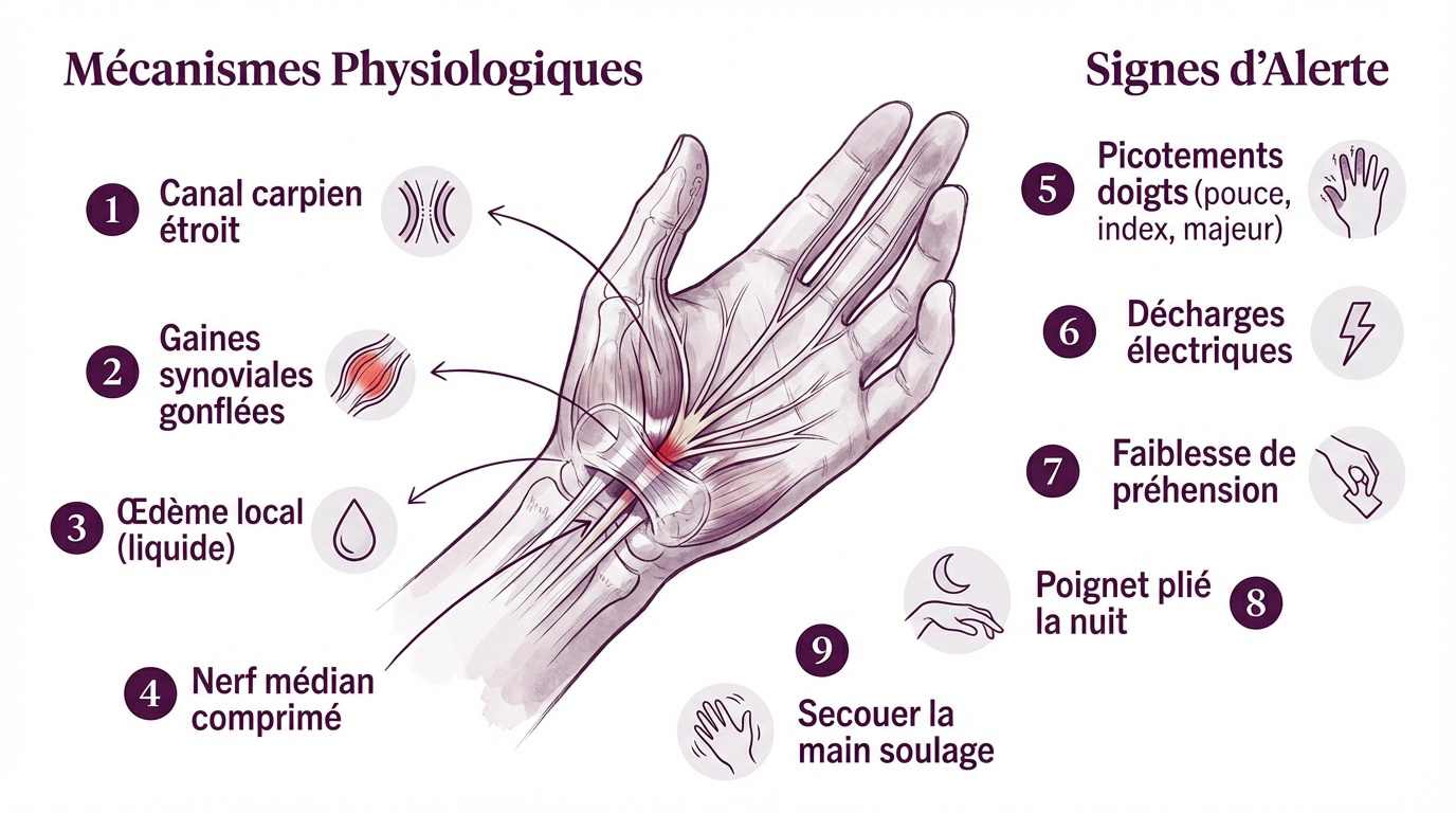 Schéma anatomique montrant la compression du nerf médian dans le canal carpien